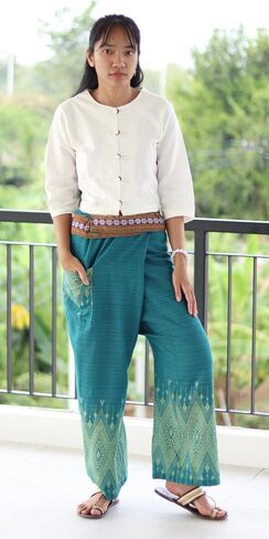 RaanPahMuang Striped Cotton Thai Fisherman Wrap Pants Thai Stamped Art Print in Saudi Arabia