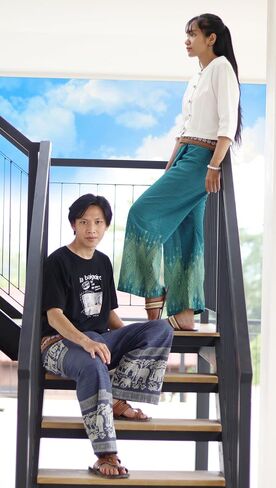 RaanPahMuang Striped Cotton Thai Fisherman Wrap Pants Thai Stamped Art Print in Saudi Arabia