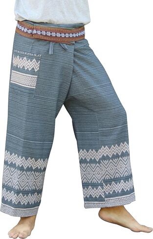 RaanPahMuang Striped Cotton Thai Fisherman Wrap Pants Thai Stamped Art Print in Saudi Arabia