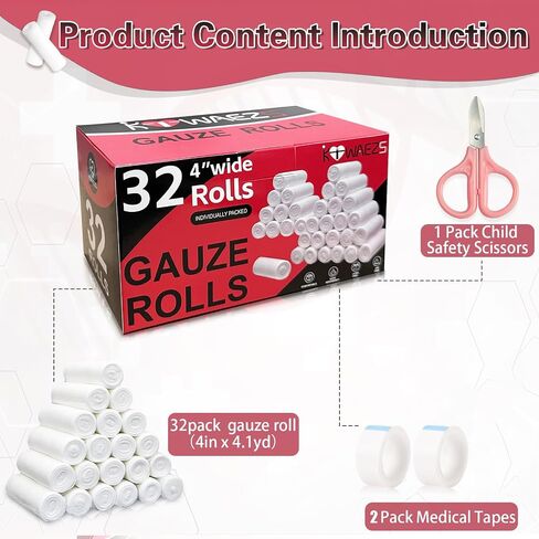 32 Pack Gauze Rolls Bandages 4 " x 4.1 yd Premium Quality Lint and Latex-Free Conforming Stretch Bandages Designed for Effective Wound Care for Wound Dressing Support (Individually Packed) in Saudi Arabia