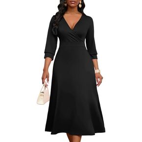 Womens Casual Dress Wrap V-Neck Elegant Wedding Guest Midi Dress 3/4 Sleeve High Waist