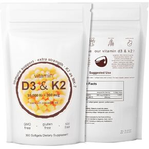 Vitamin D3 K2 Supplement Softgel, 2-in-1 10000 IU VIT D3 + 200 MCG Vitamin K2, Free of GMO, Gluten, Soy, Aiding in Calcium Absorption, 300 Pcs (300 Pcs)