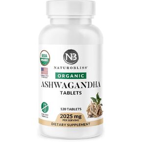 NaturoBliss Ashwagandha Supplements, 2025mg, 120 Tablets, Herbal Dietary Supplement, Vegetarian, Non-GMO, Gluten Free, Stress and Mood Support with Black Pepper