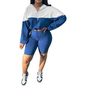 2 Piece Lounge Set Women Color Block Zip Batwing Sleeve Drawstring Hoodies Short Leggings Sweatsuit Workout Tracksuit Set