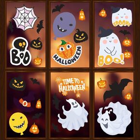 Kids' Halloween Window Cling Stickers - 6 Sheets of Reusable Ghost and Pumpkin Designs,Static Decals