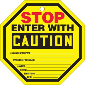 Accuform TAP805CTP Octo-Tag, Legend "Stop Enter with Caution", 8" Octagon Shape, 0.010" Thickness, PF-Cardstock, Red/Black on Yellow (Pack of 10)