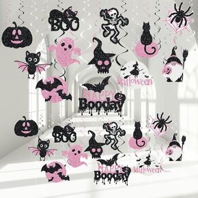36 PCS Halloween Hanging Swirls Decoration Happy Boo Day Ceiling Swirls Spirals Halloween Black and Pink Ghost Witch Spider Streamers Halloween Party Decor for Halloween Outdoor Indoor Supplies in Kuwait