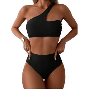 SOLY HUX Women's One Shoulder Bikini High Waisted Vacation Swimsuit Two Piece Push Up Bathing Suit