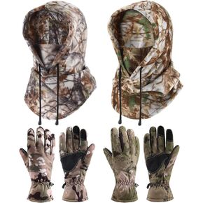 Eurzom 2 Pcs Camo Balaclava Face Mask Men Hunting Face Mask with 2 Pair Men Camouflage Hunting Gloves for Winter Cold Weather