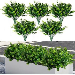Artificial Greenery Plants Outdoor UV Resistant Fake Boxwood Shrubs Grass Stems, 20 Bundles Plastic Faux Eucalyptus for Home Garden Patio Backyard Wedding Porch Window Farmhouse Decoration