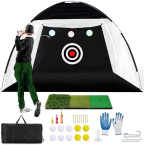 Practice Golf Net and Mat - 10 x 7ft - Includes Turf Mat, Practice Balls, Tees & Glove - Golf Driving Nets for Backyard - Backyard Golf Net for All Skill Levels