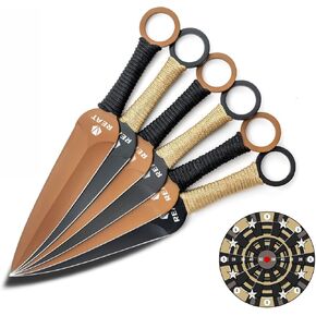 REAT Throwing Products - 6 Piece, 9" 440 Stainless Steel with 3 Tan 3 Black Kunai and a Paper Target, Includes Includes Nylon Carrying Case for Safe Storage for Competition, Training and Recreation