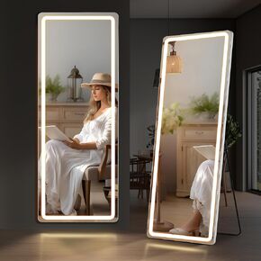 Arched Mirror Full Length with LED Lights, 16"x60" Body Wall Mirrors, Floor Standing Hanging Leaning, Tall Arch Mirror with Stand Aluminum Alloy Frame, Dimmable 3-Color Lighting for Bedroom Cloakroom