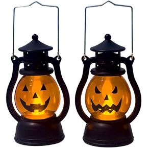 2PCS Halloween Pumpkin Lantern with Flickering LED, Portable Jack-O-Lantern for Halloween, Vintage Halloween Lamp Handheld Lantern Oil Lamp for Halloween Decorations Indoor & Outdoor