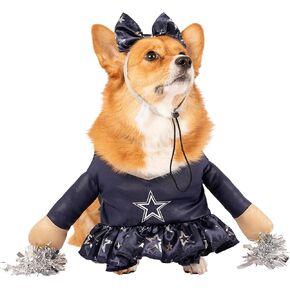 NFL Dallas Cowboys Officially Licensed Cheer Dog Costume by MODERN HERO Includes Dress with Faux Stuffed arms and Tinsel pom-poms and Satin Bow Headband (Small)