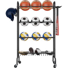 Basketball Rack, 4-Layers Rolling Basketball Shooting Training Stand, Sports Equipment Storage with Wheels and Basket for Volleyball, Football and Basketball, TBL001B