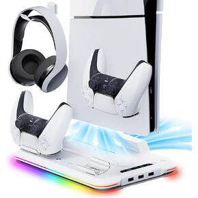 Mytrix Cooling Station for PS5 Slim Console (Disc & Digital), PS5 Slim Stand with Fast Controller Charging Station, Controller Charger, 3 Speeds Cooling Fan, Headset Holder, RGB Lights & 3 USB Ports in Kuwait
