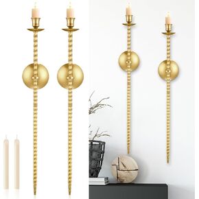 Tioncy 2 Set Twisted Candle Sconces Large Metal Wall Candle Sconces Holder with Candles Wall Mount Candle Holders Black Modern Candle Sconces for Fireplace Hallway Dining Room, Living Room (Gold)