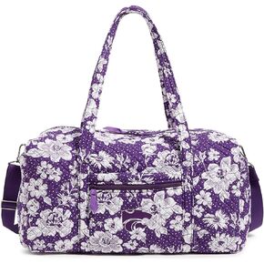 Vera Bradley Cotton Collegiate Large Travel Duffle Bag (Multiple Teams Available), Purple/White Rain Garden with Kansas State University