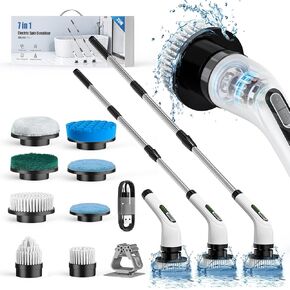 Electric Scrubber for Cleaning, IPX7 Spin Scrubber with LCD Display, Bathroom Cleaning BrushAdjustable Extension Handle with 8 Brush Heads, Electric Cleaning Brush for Bathroom,Kitchen