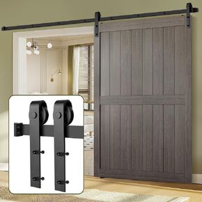 Moquin Barn Door Hardware Kit, 8 Feet Heavy Duty Sliding Door Hardware kit, Sturdy Carbon Steel Flat Track, Smooth & Quiet, Max Fit Single Door 48" Wide, Black (J Shape)