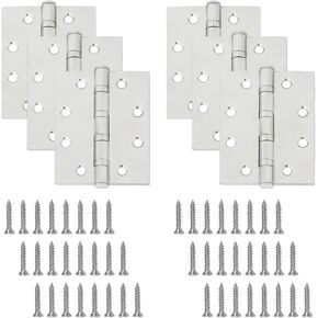 6-Pack 4.5" Heavy Duty Stainless Steel Door Hinge, Ball Bearing Door Hinges with Square Corners for Commercial and Residential Doors, Thickness 3 mm Stainless Steel, 48 Screws, Silver