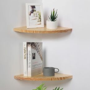 Waterproof Natural Wood Corner Wall Shelves Set of 2, Rustic Wood Corner Floating Shelves with Cable Raceway for Bathroom Kitchen Study Bedroom (10 Inch, Fan-Shaped)