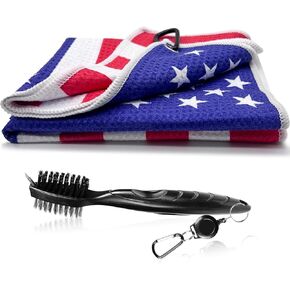 American Flag Golf Towel Set, Microfiber Waffle Golf Towel, Brush Tool Kit with Club Groove Cleaner, Men's Golf Accessories