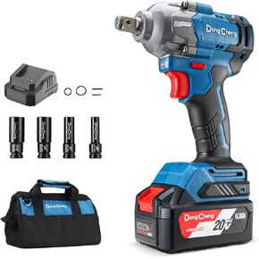 Dong Cheng 20V Cordless Impact Wrench, Max Torque 360 ft-lbs (488N.m), 1/2 inch with 3 Mode Speed, 2400 RPM Brushless Impact Gun, Includes 4.0Ah Battery, Charger, 4 Impact Sockets and Kit Bag