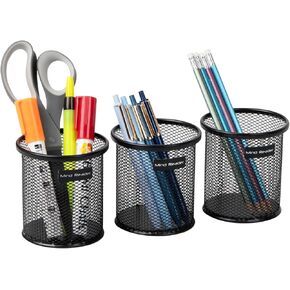Mind Reader Pen and Accessories Holder, Set of 3, Desktop Organizer, Office, Metal Mesh, 3.5" L x 3.5" W x 3.75" H, Black