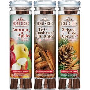 Scentsicles Autumn n Apples, Two Dashes of Cinnamon and Spiced Pine Cones Scented Ornaments Fall Three Pack with Hooks (3 Bottles with 6 Sticks Each)