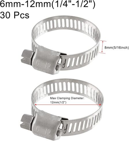 30 حزمة من مشابك خرطوم الفولاذ المقاوم للصدأ، نطاق تثبيت قابل للتعديل 1/4 بوصة إلى 1/2 بوصة (6 مم - 12 مم) مشابك خرطوم محرك ترس دودي، مشابك خرطوم أنبوب الأنابيب للسباكة والسيارات والميكانيكية in Kuwait