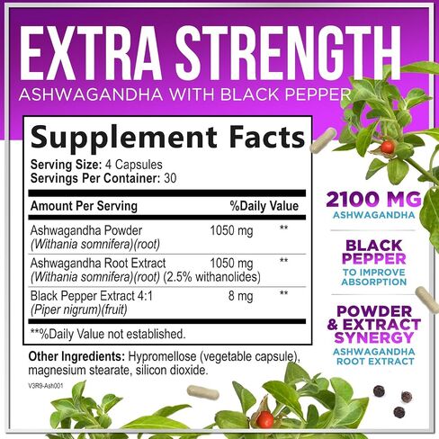 Ashwagandha Supplements - 2,100 mg Extra Strength - Pure Ashwagandha Powder Antioxidant Support with Black Pepper plus Root Extract Vegan Adaptogen Formula for Energy and Immune Support - 120 Capsules in Saudi Arabia