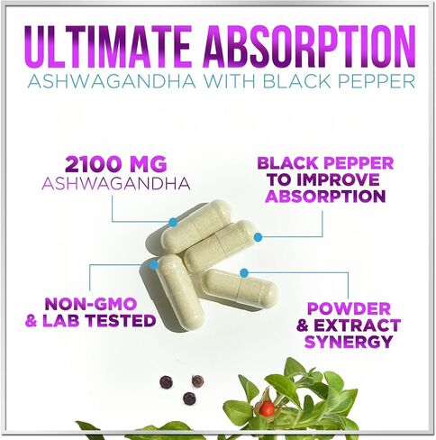 Ashwagandha Supplements - 2,100 mg Extra Strength - Pure Ashwagandha Powder Antioxidant Support with Black Pepper plus Root Extract Vegan Adaptogen Formula for Energy and Immune Support - 120 Capsules in Saudi Arabia