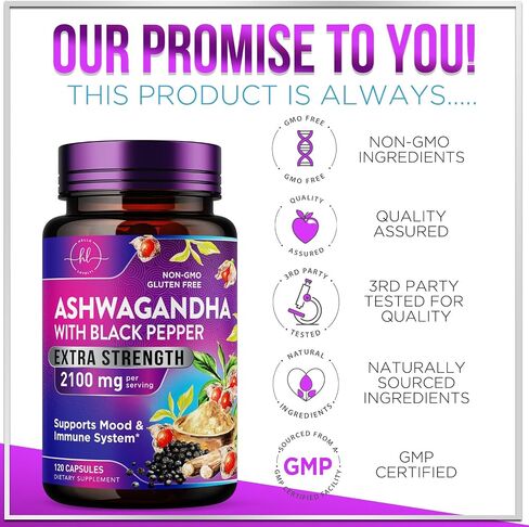 Ashwagandha Supplements - 2,100 mg Extra Strength - Pure Ashwagandha Powder Antioxidant Support with Black Pepper plus Root Extract Vegan Adaptogen Formula for Energy and Immune Support - 120 Capsules in Saudi Arabia
