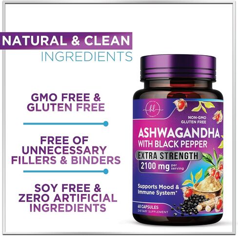 Ashwagandha Supplements - 2,100 mg Extra Strength - Pure Ashwagandha Powder Antioxidant Support with Black Pepper plus Root Extract Vegan Adaptogen Formula for Energy and Immune Support - 120 Capsules in Saudi Arabia