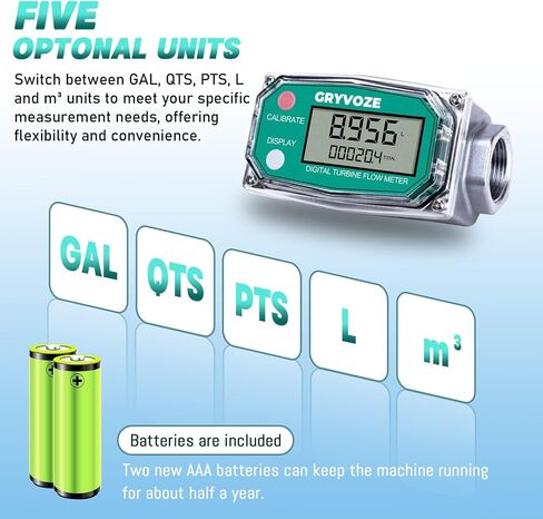 3/4 Inch Digital Turbine Flow Meter, 0.8-13.2 GPM Inline NPT Thread Flowmeter for Water, Diesel, Gas Oil, Gasoline, Kerosene, Methanol, and Other Liquids - Supports Gallon, QTS, PTS, L, m³ in Saudi Arabia