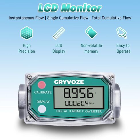 3/4 Inch Digital Turbine Flow Meter, 0.8-13.2 GPM Inline NPT Thread Flowmeter for Water, Diesel, Gas Oil, Gasoline, Kerosene, Methanol, and Other Liquids - Supports Gallon, QTS, PTS, L, m³ in Saudi Arabia