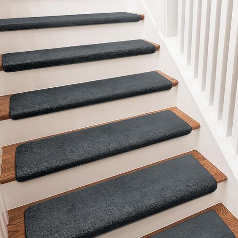 PURE ERA Carpet Stair Treads Ultra Plush 9.5" X 30"Soft Bullnose Indoor Stair Protectors Pet-Friendly Non-Slip Skid Resistant Tape Free Washable Reusable(2 Pieces,Dark Gray) in Kuwait