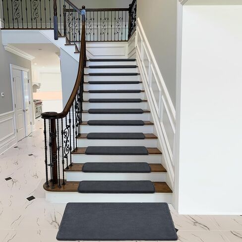 PURE ERA Carpet Stair Treads Ultra Plush 9.5" X 30"Soft Bullnose Indoor Stair Protectors Pet-Friendly Non-Slip Skid Resistant Tape Free Washable Reusable(2 Pieces,Dark Gray) in Kuwait