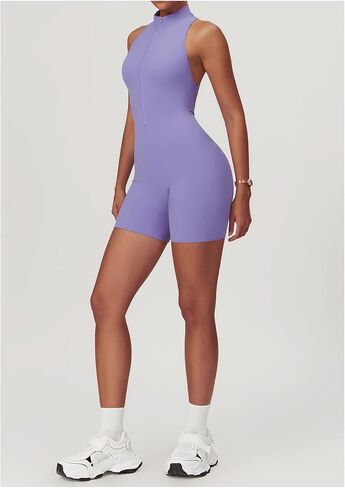 Womens Workout Rompers High Support Zip Up Backless Padded Sleeveless Scrunch Butt Shorts Jumpsuit in Saudi Arabia