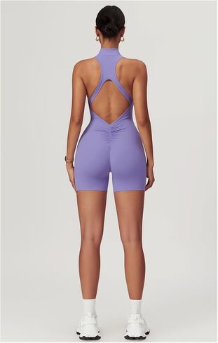 Womens Workout Rompers High Support Zip Up Backless Padded Sleeveless Scrunch Butt Shorts Jumpsuit in Saudi Arabia