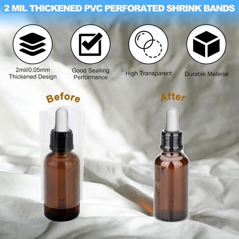 PATIKIL 65x100mm PVC Perforated Shrink Bands, 500Pcs 0.05 mm/2 Mil Thickened Heat Shrink Seal Wrap Fit for 1.25"-1.5" Cap Diameter Essential Oil Bottles Jars Cans Tin, Clear in Saudi Arabia