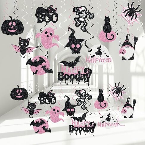 36 PCS Halloween Hanging Swirls Decoration Happy Boo Day Ceiling Swirls Spirals Halloween Black and Pink Ghost Witch Spider Streamers Halloween Party Decor for Halloween Outdoor Indoor Supplies in Kuwait