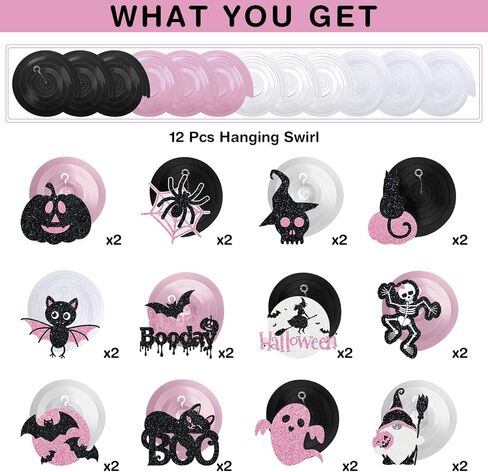 36 PCS Halloween Hanging Swirls Decoration Happy Boo Day Ceiling Swirls Spirals Halloween Black and Pink Ghost Witch Spider Streamers Halloween Party Decor for Halloween Outdoor Indoor Supplies in Kuwait