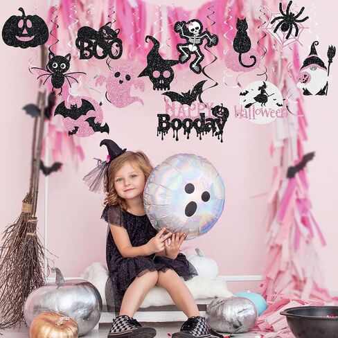 36 PCS Halloween Hanging Swirls Decoration Happy Boo Day Ceiling Swirls Spirals Halloween Black and Pink Ghost Witch Spider Streamers Halloween Party Decor for Halloween Outdoor Indoor Supplies in Kuwait