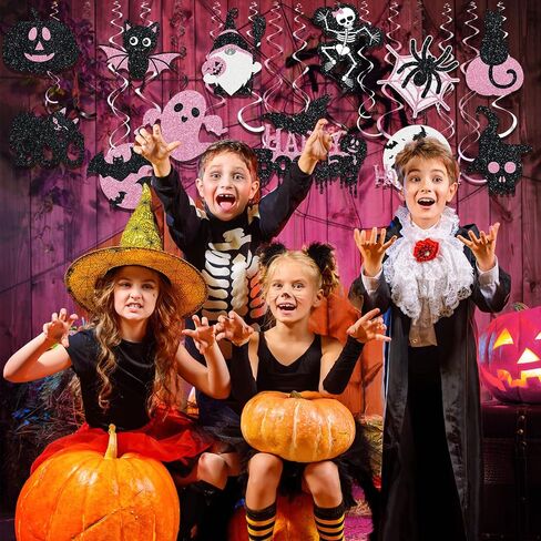 36 PCS Halloween Hanging Swirls Decoration Happy Boo Day Ceiling Swirls Spirals Halloween Black and Pink Ghost Witch Spider Streamers Halloween Party Decor for Halloween Outdoor Indoor Supplies in Kuwait