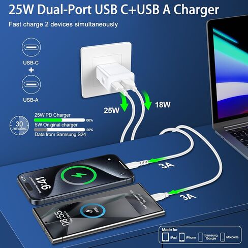 شاحن Motorola شاحن Android سريع لموتورولا Edge Razr Edge 50 Ultra Pro X50، Moto G 2024 G Stylus 5G G Power G Play G Pure 2023 One 5G Ace، 25W 2 Port Type C Phone Charging Block 6FT USBC Cable in Saudi Arabia