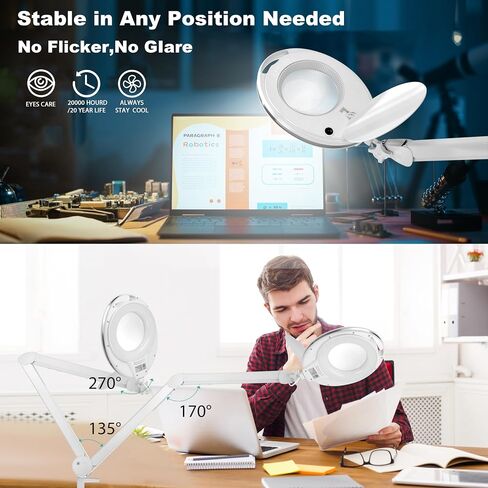 Large 10X Magnifying Glass with Light, 4.75 in Real Glass Stand Lighted Magnifier with Clamp, 2 in 1 Desk Lamp with 36 Color and Brightness Modes, Hands Free for Close Work, Crafts, Hobbies in Saudi Arabia
