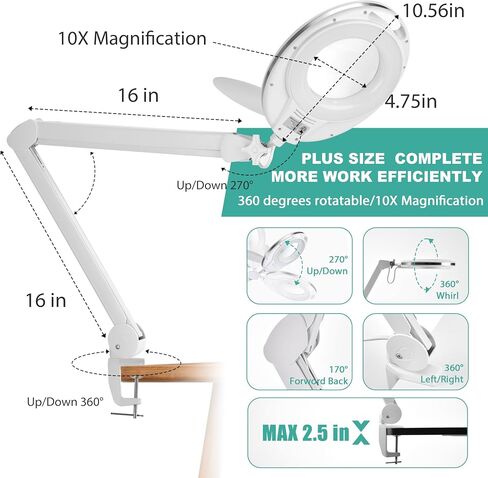 Large 10X Magnifying Glass with Light, 4.75 in Real Glass Stand Lighted Magnifier with Clamp, 2 in 1 Desk Lamp with 36 Color and Brightness Modes, Hands Free for Close Work, Crafts, Hobbies in Saudi Arabia